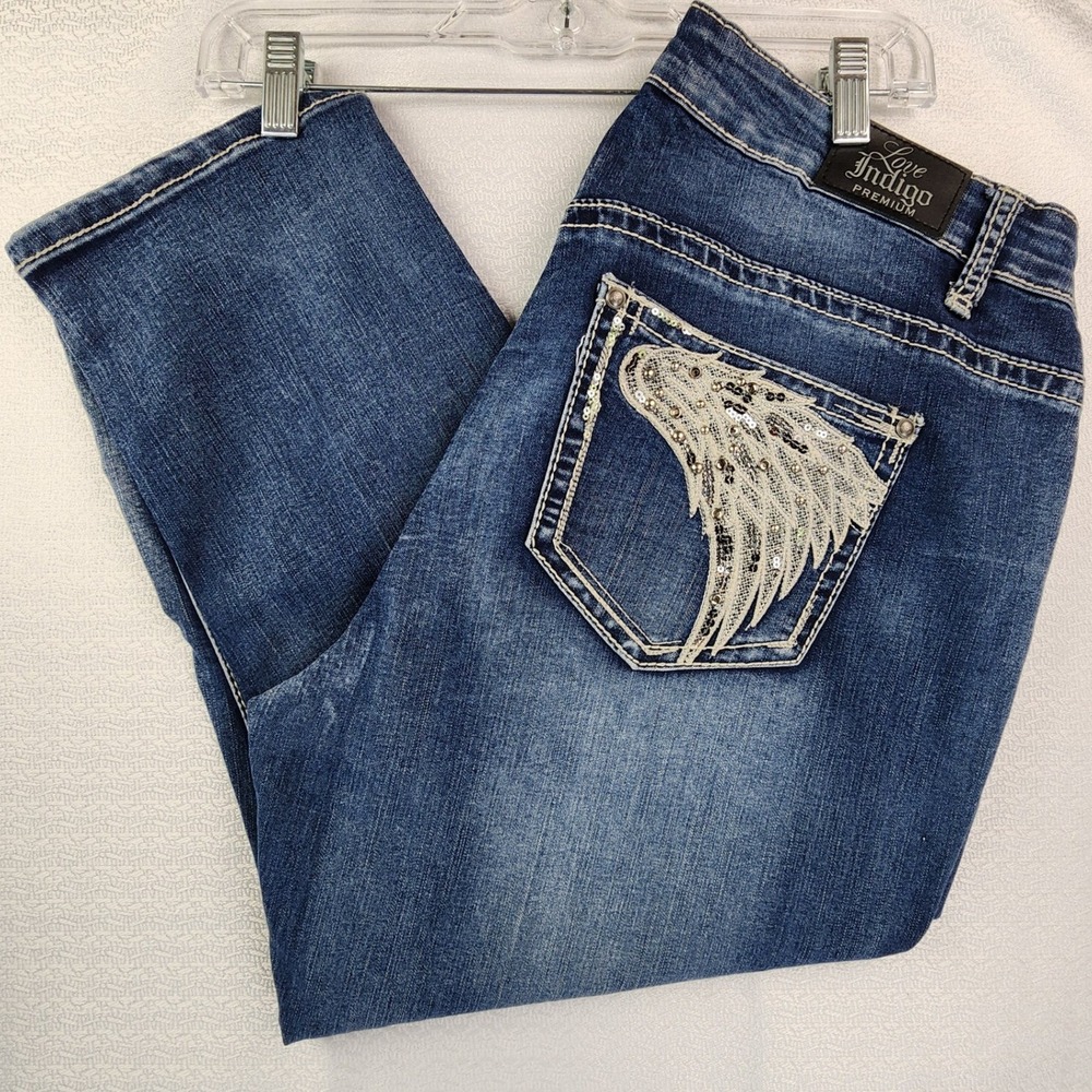 Love Indigo 16W Blue Capri Jeans Angel Wing Sequin Embellished Y2K Bling Western